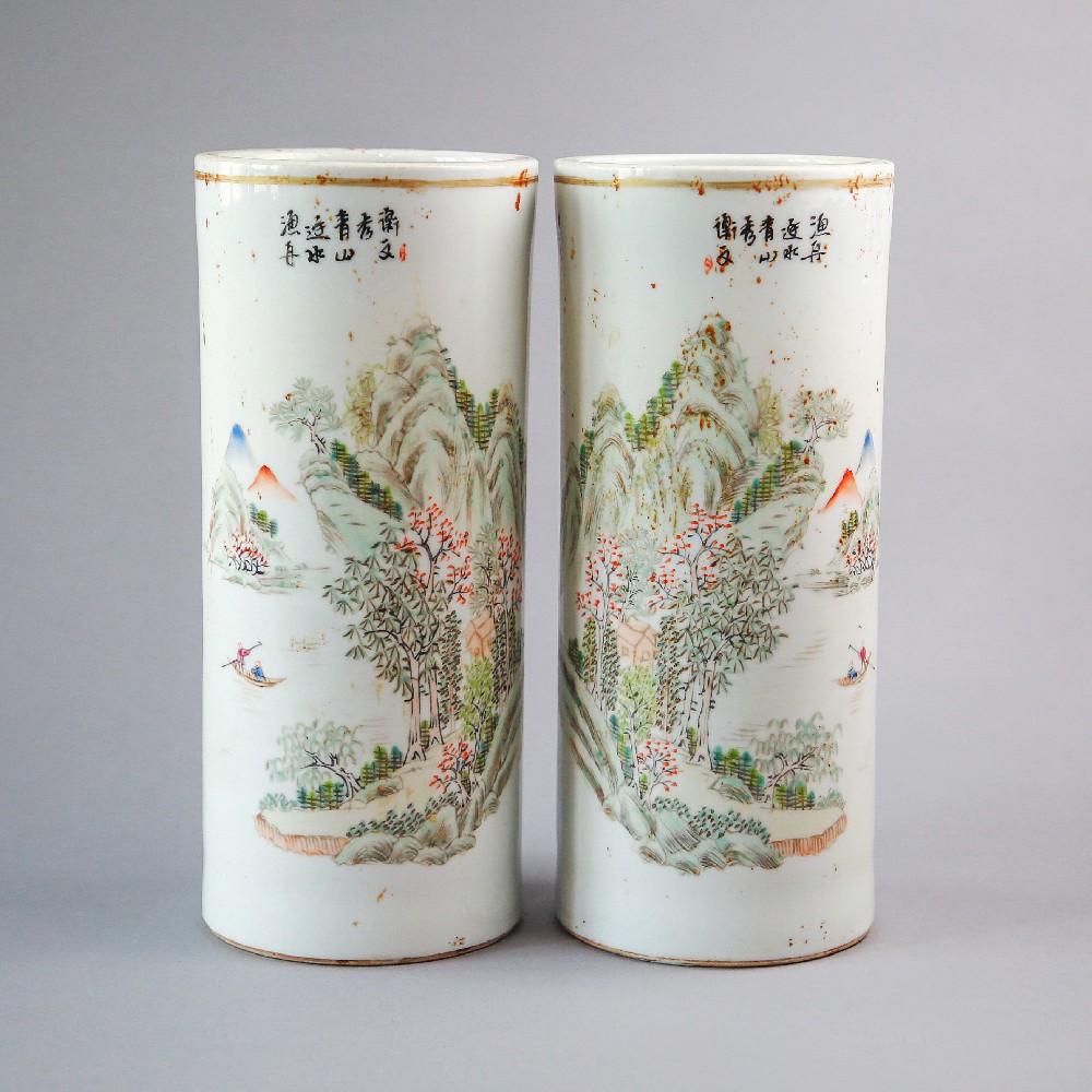 清浅绛彩山水纹瓷帽筒